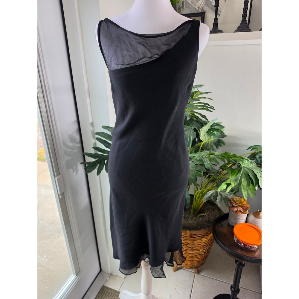 Jones New York Dress Womens 16 Black Asymmetrical Mesh Neck Ruffle Hem Midi LBD